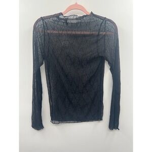 NWT Willow + Root Embroidered Mesh Top Women's Small Black Pullover Long Sleeve